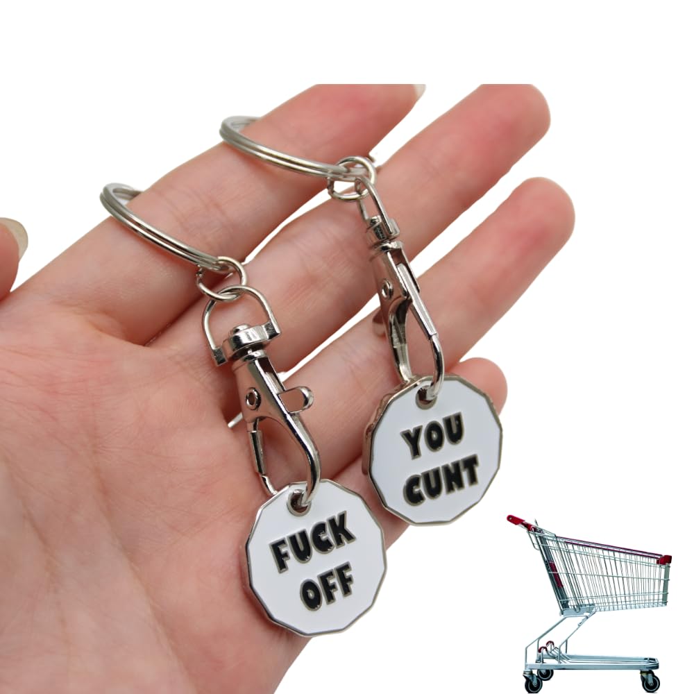 2pk Rude Trolley Coin Keyring Set | Token Keyrings for Supermarket Cart | New Pound UK Coin | Secret Santa Gifts