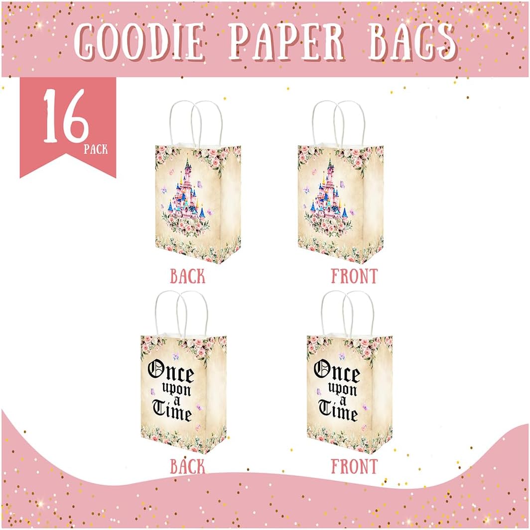 Lofaris Gift Wrap Bags 16 Pcs - Once Upon a Time Fairy Tale Design, Pink Castle & Floral Party Favor Bags with Handles, Goodie Bags for Birthday, Baby Shower, Wedding - Image 3