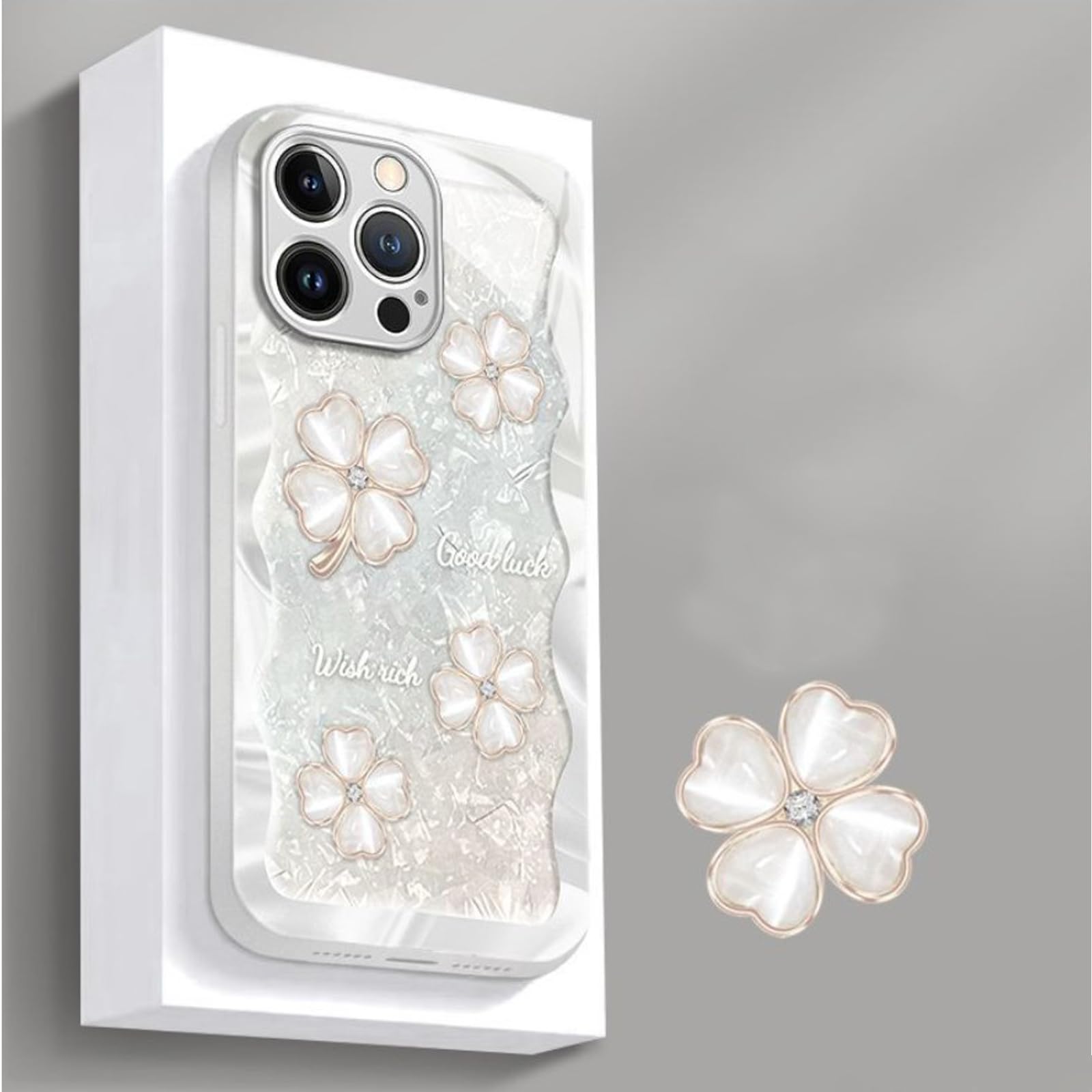 Glitter Clear Case Compatible for iPhone 14 pro max, Flower Floral Case, Cute four-leaf clover pattern, Shockproof