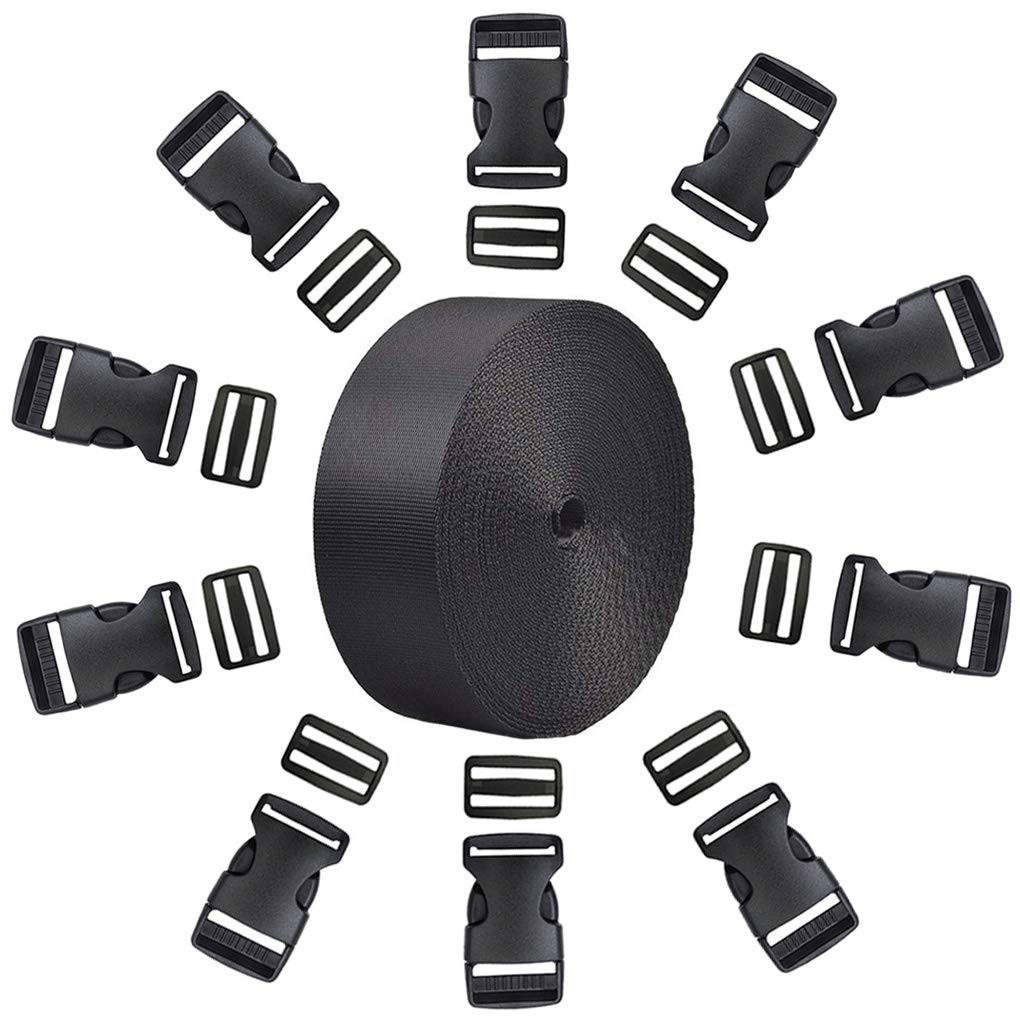 Vtete 10 PCS 1 Inch Flat Side Release Buckles and Tri-Glide Slides with 1 Roll 1" 10 Yards Nylon Webbing Straps - Plastic Buckles Kit for DIY Making Luggage Straps, Pet Collar, Backpack Repairing