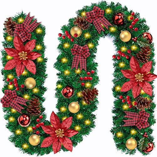Guirlande De Noël Lumineuse 2,7m Avec LED - Décor Sapin Artificiel, Fleurs, Boules Et Baies Rouges | Pour Intérieur Et Extérieur