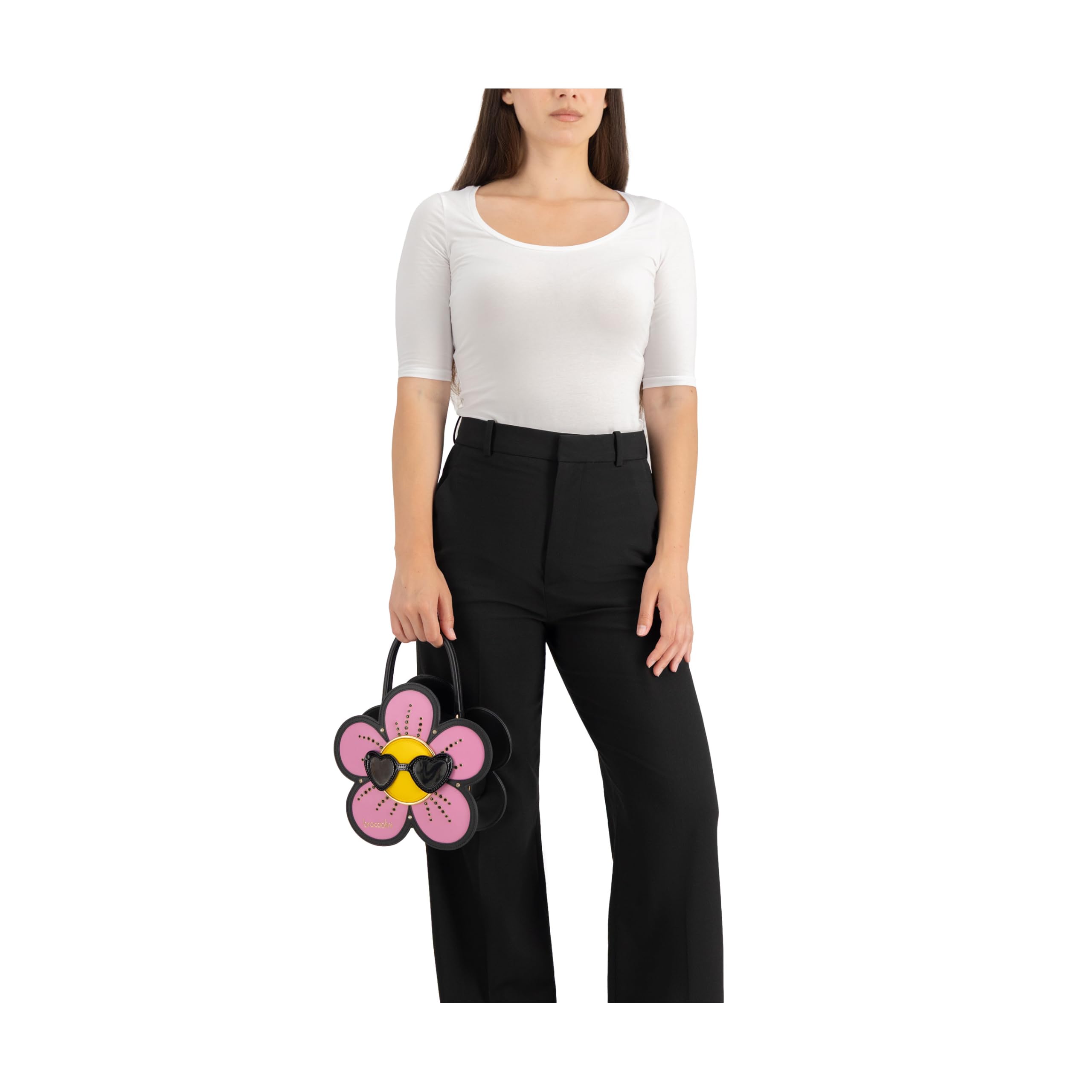 Braccialini Temini Bolso de mano de piel con silueta de margarita, diseñado para aportar un toque de ironía y color a cada look. Los pétalos rosas con detalles negros y pequeños cristales brillantes
