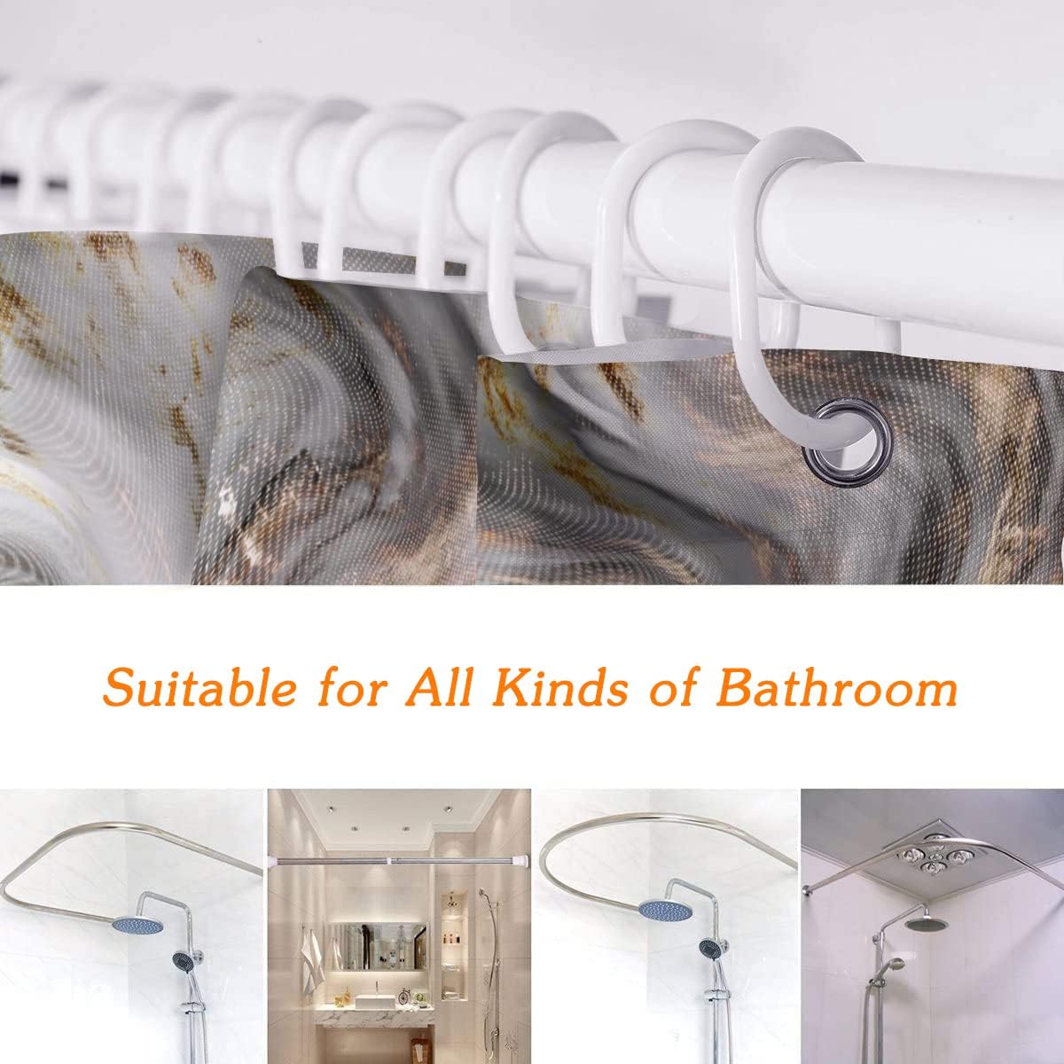 Gaakvrr Shower Curtain Retro Light Grey Brown Marble Texture Waterproof Polyester Fabric Bathroom Curtain Set including 12 Hooks (180x180 cm) - Image 3