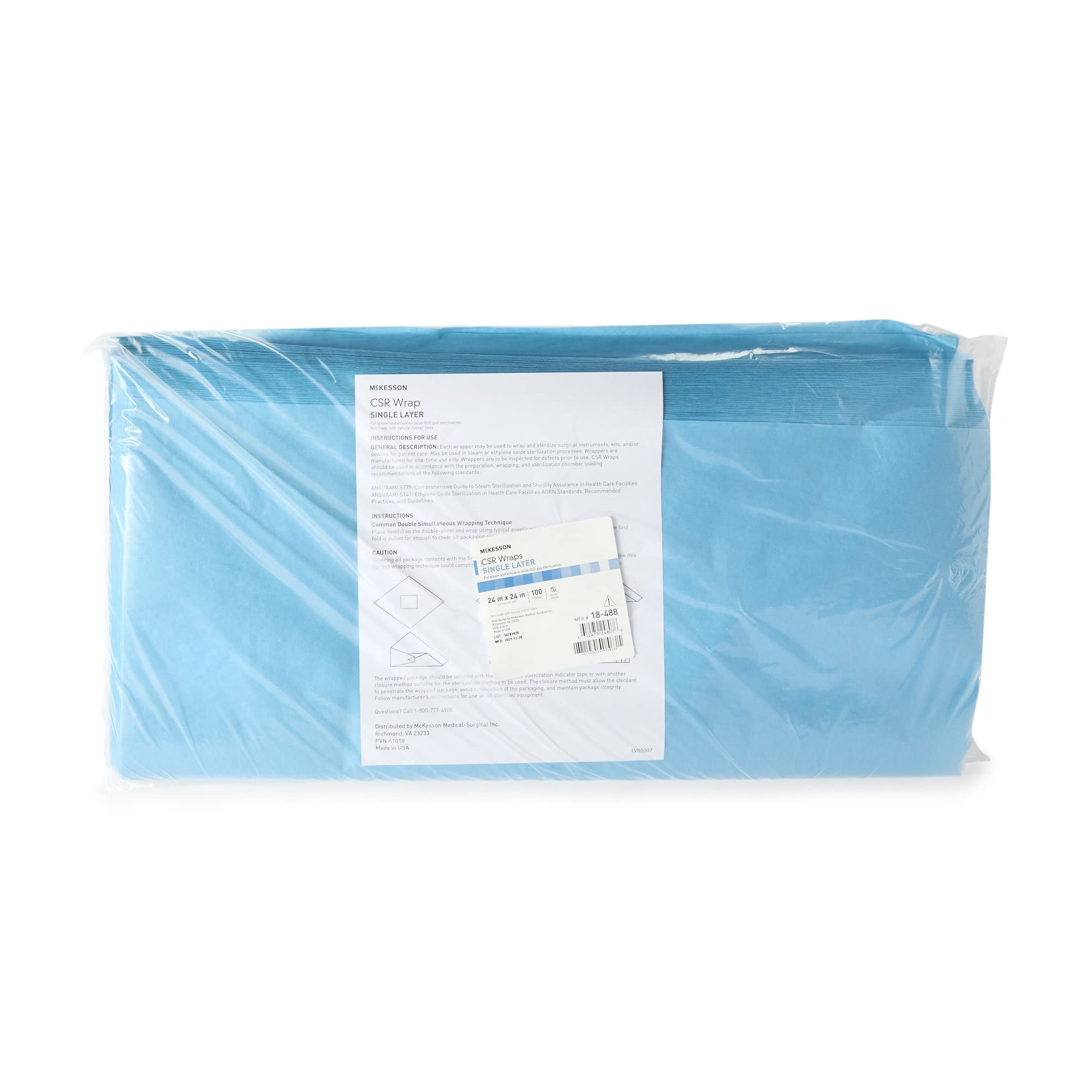 McKesson CSR Sterilization Wrap for Medical Supplies, Nail Technicians, Tattoo Tools - Air and Water Barrier, Blue Cellulose, 24 in x 24 in, 100 Count
