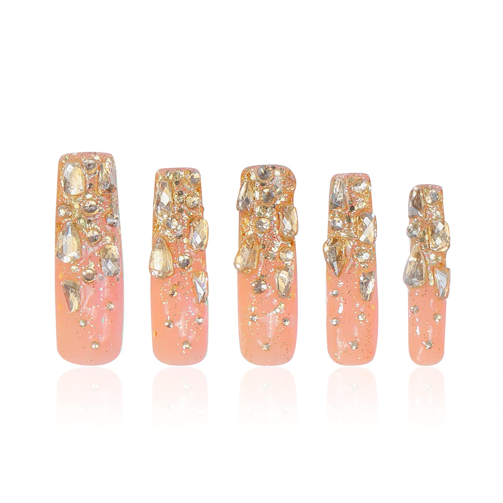 LOVFUL Press on Nails Stardust Gold Rhinestone | Handmade with Full Covered Crystals | Reusable Fake Nails | Square Mid length 1.7in | H84-L