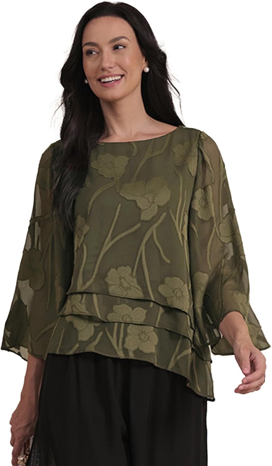 Lace Blouses for Women Dressy Casual Flutter 3/4 Length Sleeve Chiffon Top Round Neck Floral Elegant Business Work Shirt