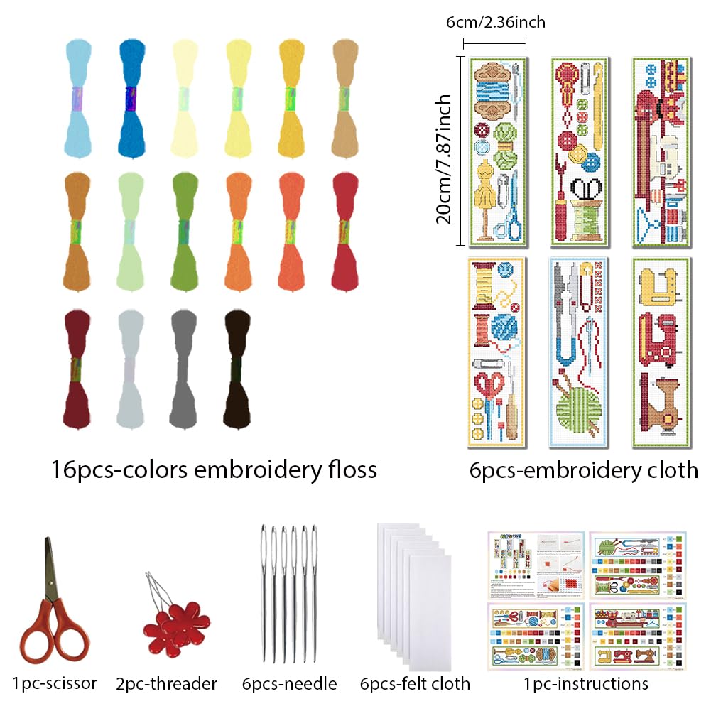 FREEBLOSS 6 Set Cross Stitch Bookmark Kit Stamped Cross Stitch Kit Sewing Theme Stamped Embroidery Bookmark with Instruction Cross Stitch Kits for Adults DIY Bookmark Kit 8.66''x3.15''