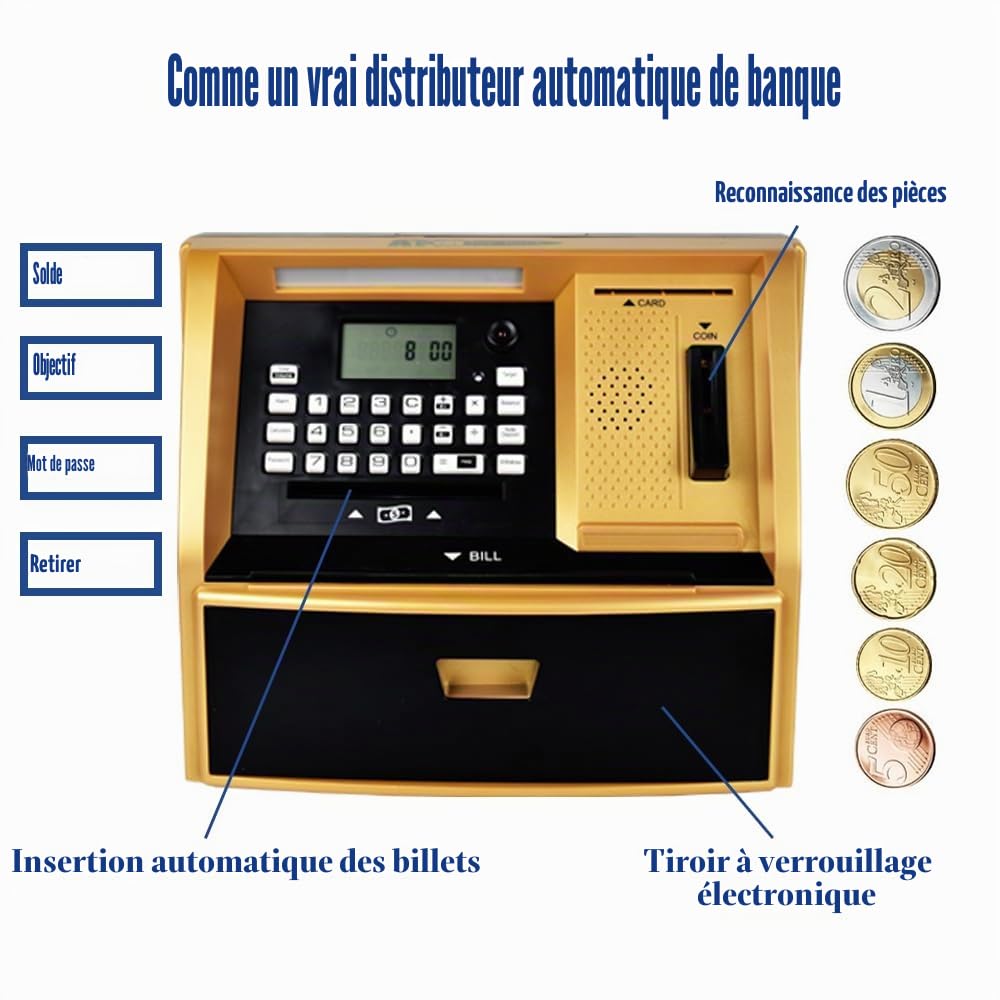 Tirelire Magique ATM pour Argent Réel - Reconnaît Les Pièces d'Euro et Enregistre Les Dépôts - Un Cadeau Amusant pour Garçons et Filles (doré)