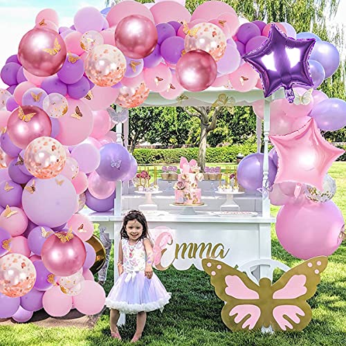 126 Pcs Butterfly Pink And Purple Balloon Garland Kit, Butterfly Theme Balloon Arch With Gold Butterfly Star Foil Balloons For Girls Women Birthday Baby Bridal Shower Wedding Party Decoration #TOP3