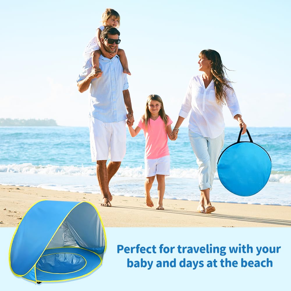 Tenda da Spiaggia Bambini, Tenda Spiaggia con Protezione UV 50, Parasole da Spiaggia con Mini-Piscina, Borsa per il Trasporto e Picchetti, Finestra con Cerniera