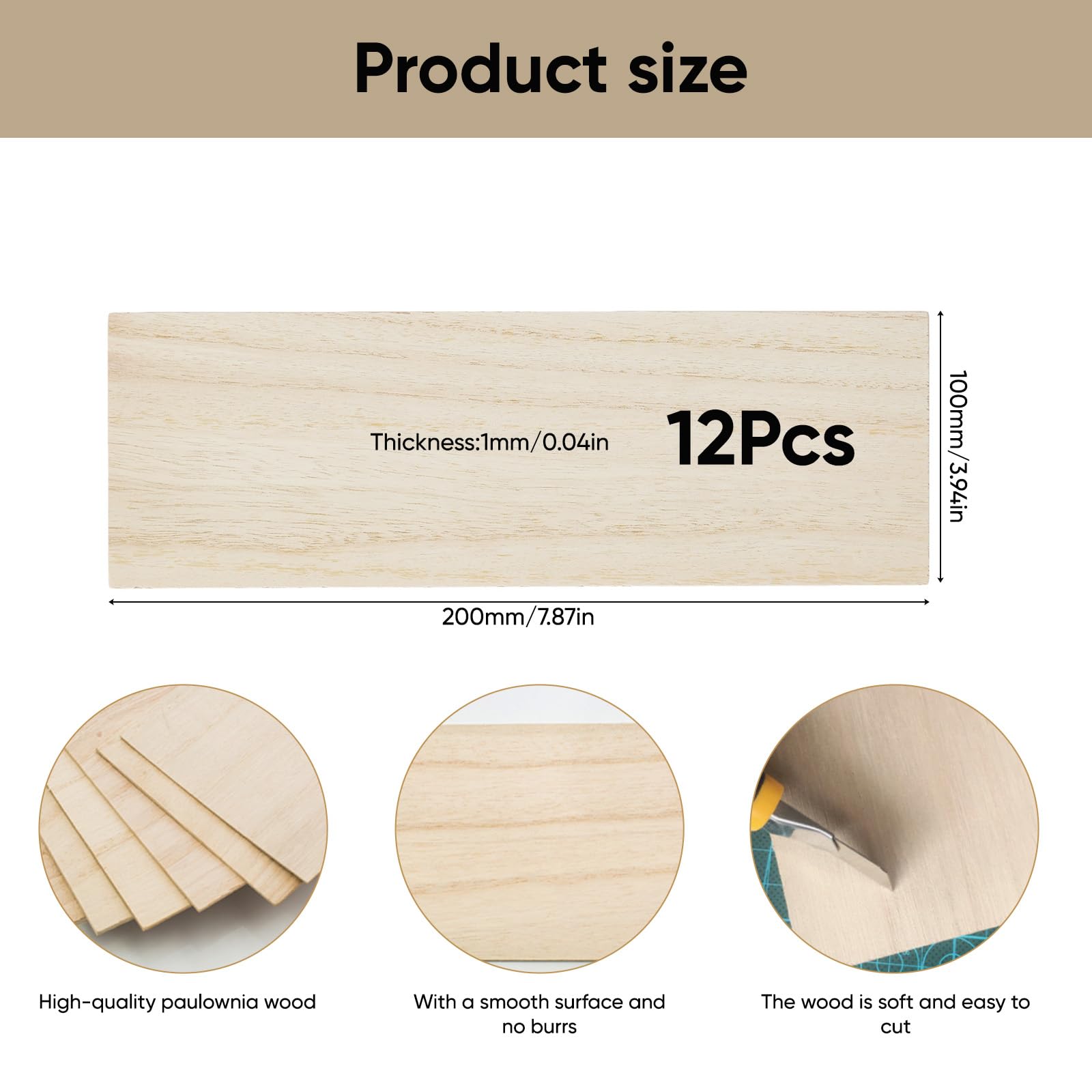 12 fogli di legno di Paulownia per fai da te: 200 x 100 x 1 mm, fogli di compensato sottile, non finiti per decorazione domestica, modelli in legno, pittura e incisione