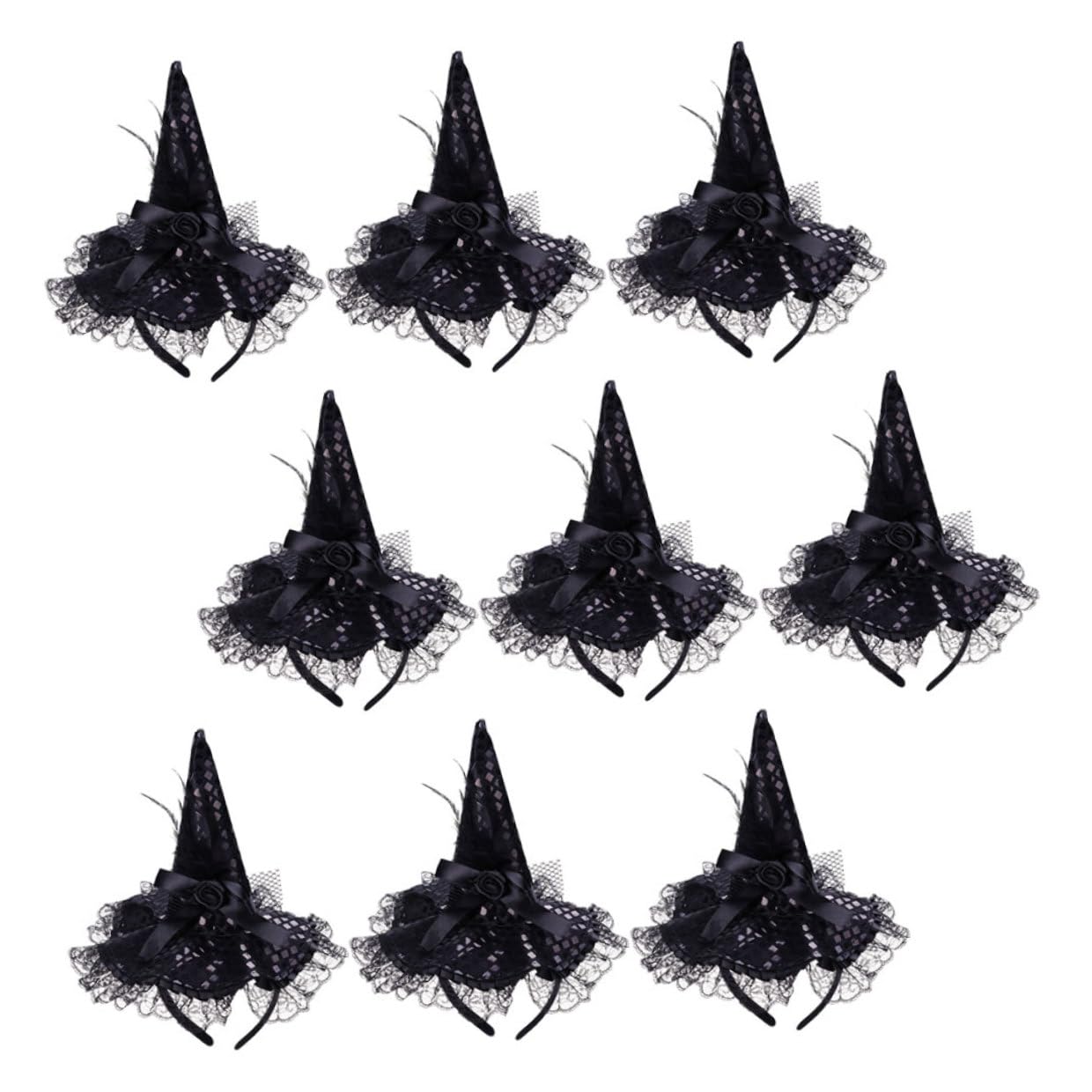 9 Pezzi Cerchietto per Chioma Halloween Cappello da Strega Nero Leggero Pizzo e Paillettes, Accessorio Cosplay per Feste e Party Costume