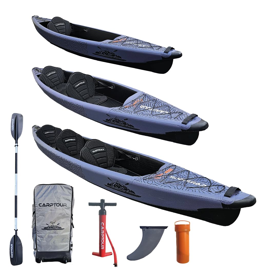 Kayak gonflable Drop Stitch avec 3 sièges - Avec pagaie, pompe à air et sac de transport pratique - Gris