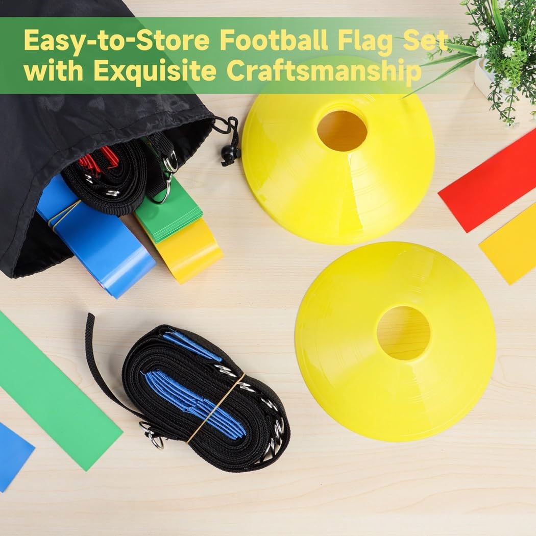 Flag Football Gear for 14 Player Matchup, Football Flags, Belts Set, Comprising 14 Belts, 56 Football Flags, 8 Cones, Complete Flag Football Set