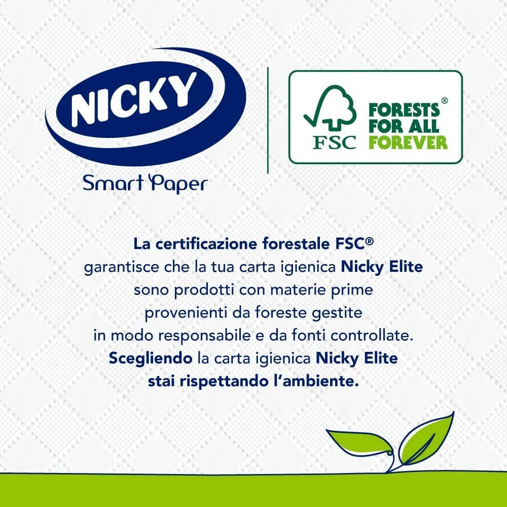 Nicky Elite - 96 Rotoli di Carta Igienica, 150 Soffici Fogli a 3 Veli, Morbida e Resistente a Contatto con la Pelle, Dermatologicamente Testata, Carta 100% Certificata FSC®