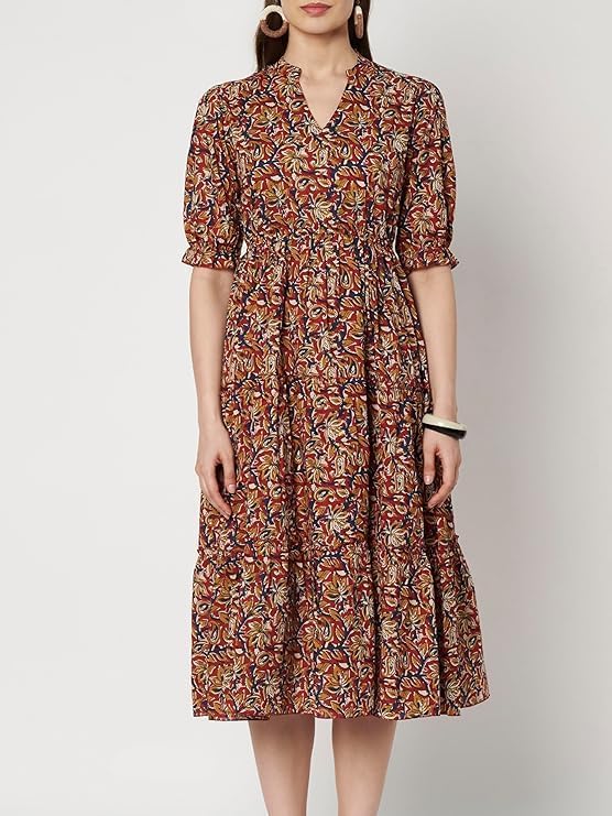 Image of PIDAVLIYA'S Women's Cotton Floral Printed Midi Dress | V-Neck Fit & Flare Dress with Puff Sleeves | Casual Summer Wear
