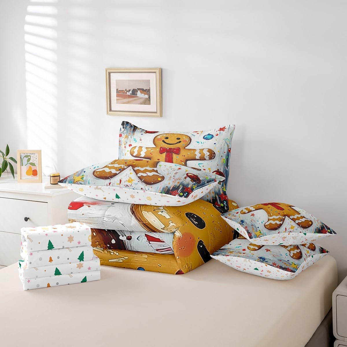 Merry Christmas Kids Comforter Set 7 Piece Twin Size,Watercolor Xmas Theme Art Graffiti Reversible Quilt Set,Cartoon Cute Gingerbread Man Cookie Print Bedding Set with Comforter,Sheet,Pillowcase