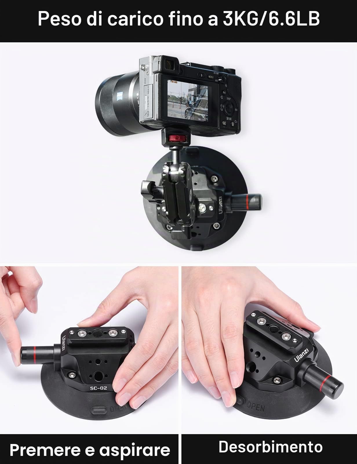ULANZI SC-02 4,5" Supporto a ventosa per GoPro, supporto a ventosa con pompa e braccio magico NOTA a sgancio rapido, supporto da auto per Insta360, DJI Osmo Action
