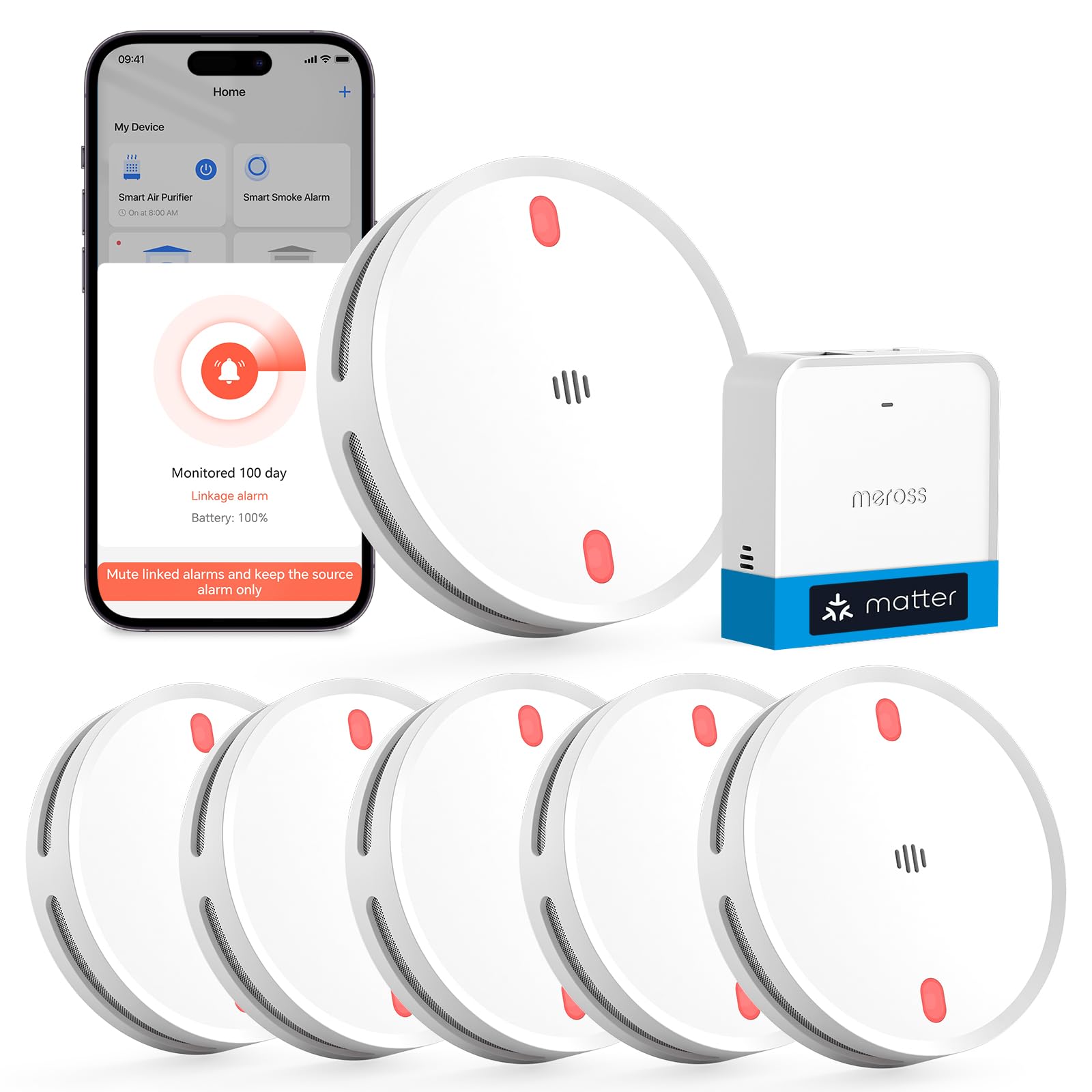 Meross Matter Detector de Humo con Hub MSH450, Alarma de Incendio WiFi | Notificaciones mediante App, alarma de incendio, compatible con Apple Home y Home Assistant, certificado EN14604, 6 kits