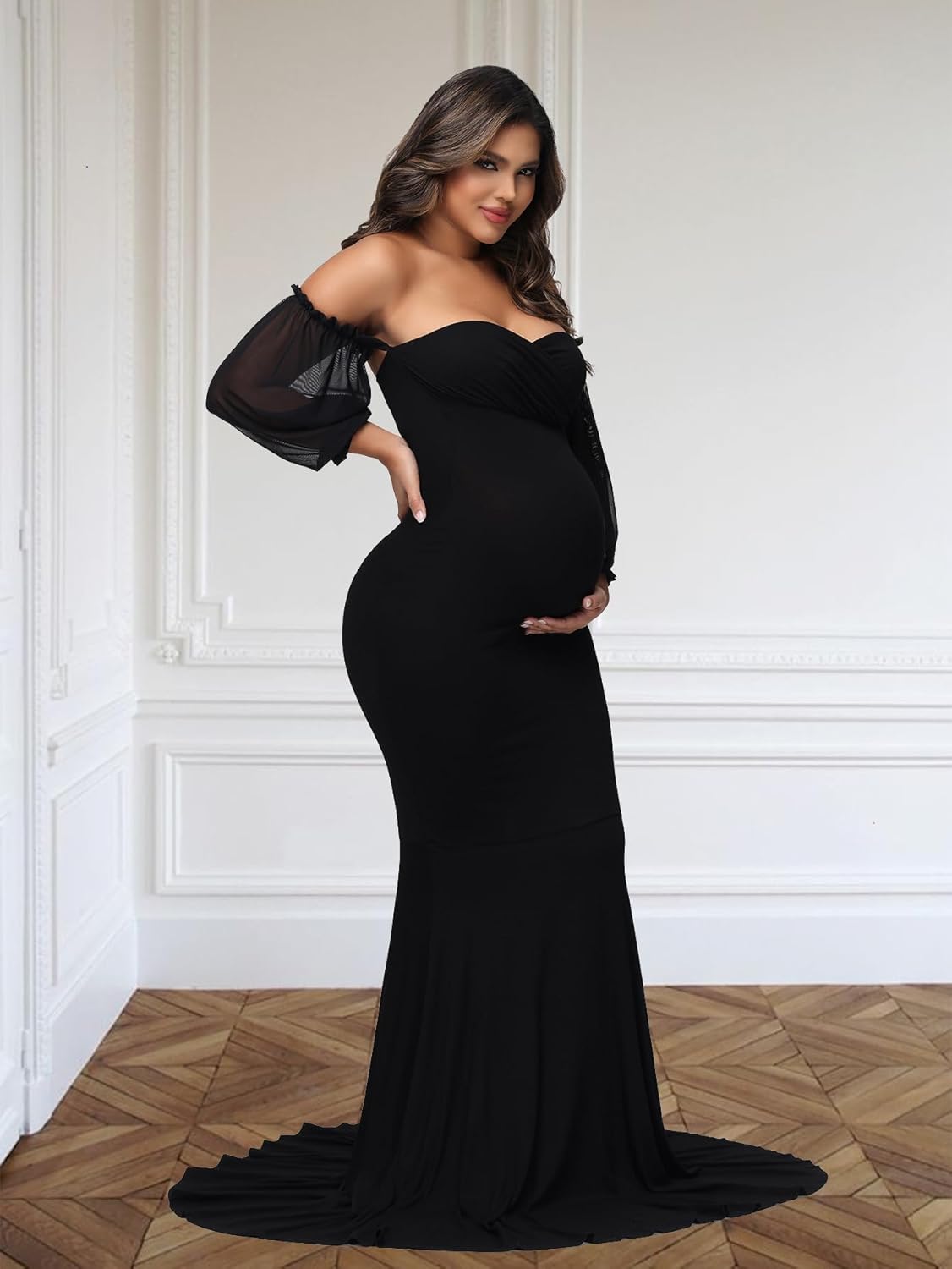 JustVH Maternity Mesh Puff Sleeve Off Shoulder Maxi Photoshoot Dress for Baby Shower Mermaid Hem Party Gown for Photography