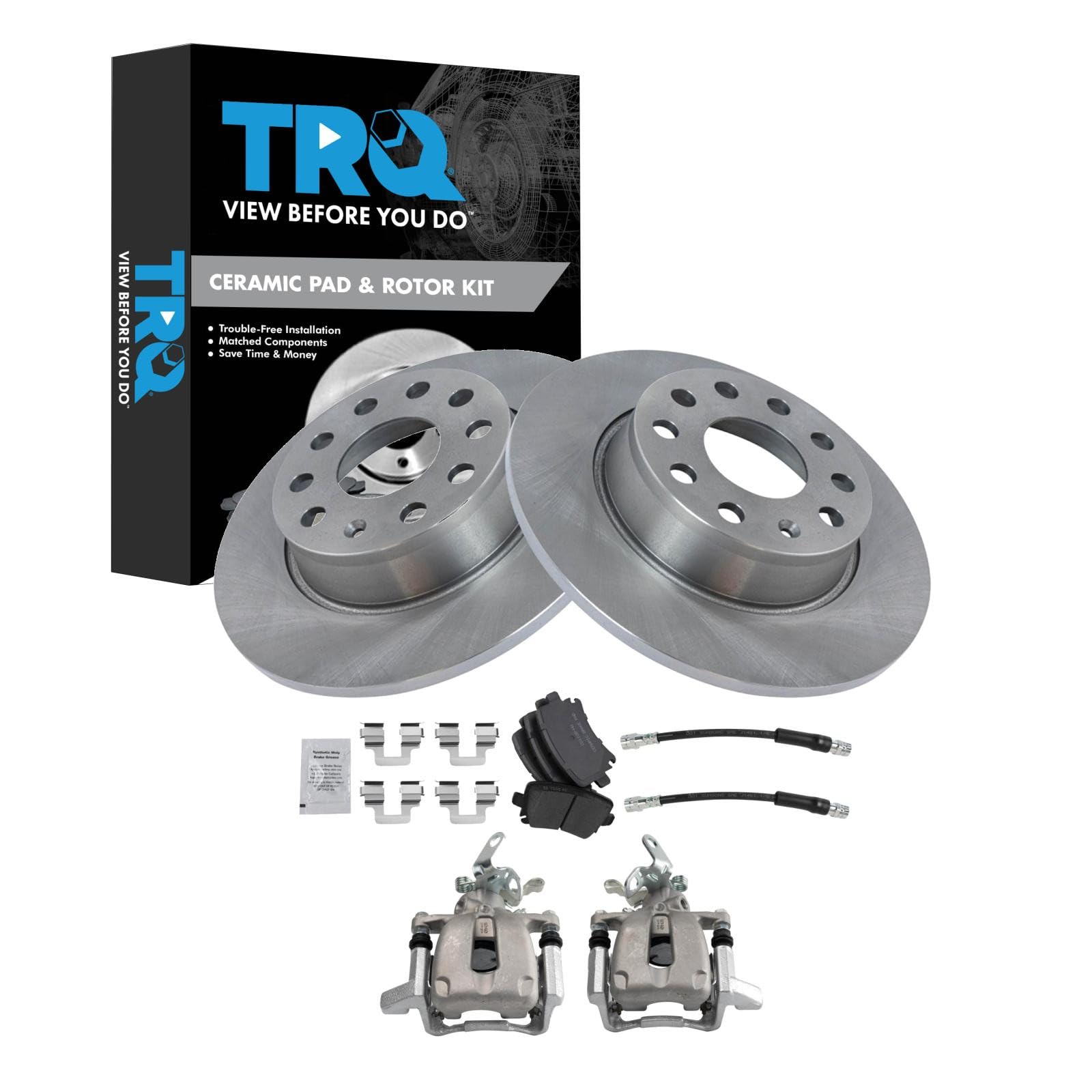TRQ Rear Brake Pad and Rotor Set Ceramic Rotors Calipers Compatible with 2010 Volkswagen Jetta