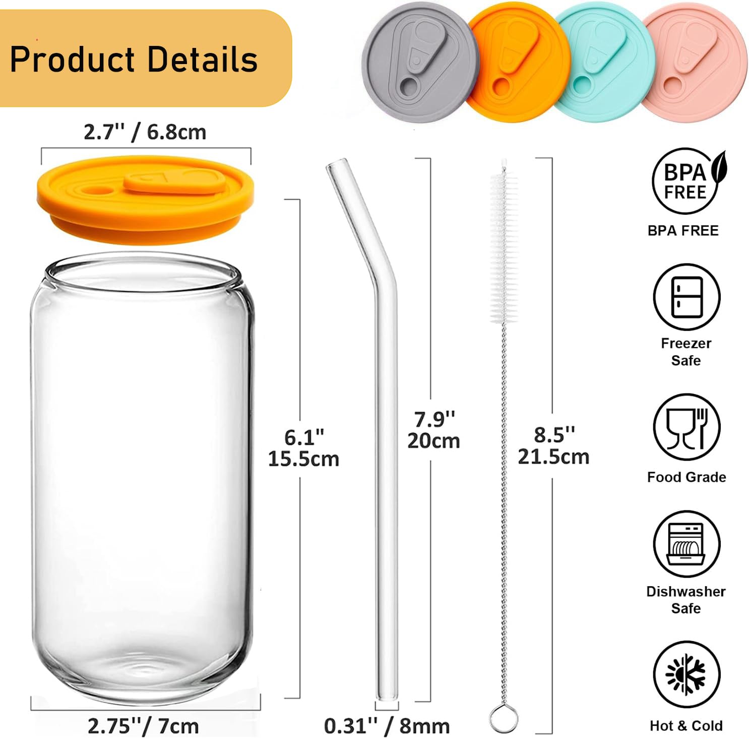 MEIMUCUL Glass Cups with Bamboo Lids and Straws,16oz Iced Coffee Cup,4 Pack Can Shaped Drinking Glasses,Reusable Smoothie Cup,Clear Glass Tumbler for Smoothie,Beer - Image 4