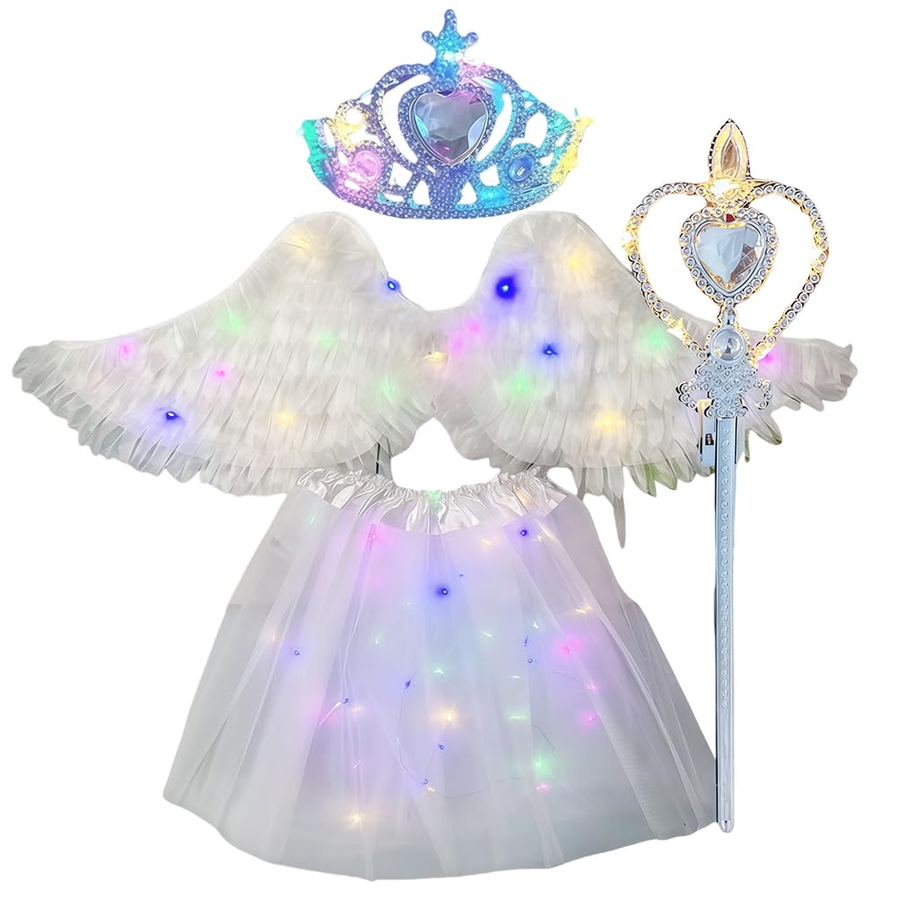 WFKKMEQ Angel Wings Costume Kids, LED Fancy Dress Girls Fairy Costume Set with Angel Wings, Tutu Skirt, Crown and Magic Wand Fancy Dress Up Costumes for Carnival Cosplay Birthday Themed Party(White)