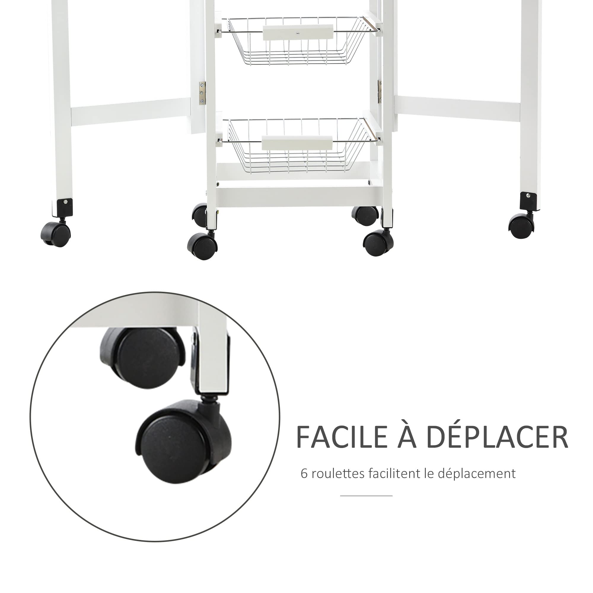 HOMCOM Chariot de Service Multi-Rangements Tiroir MDF Blanc Chêne Clair | Desserte de Cuisine à Roulettes, 3 Paniers Métal, Rallonges