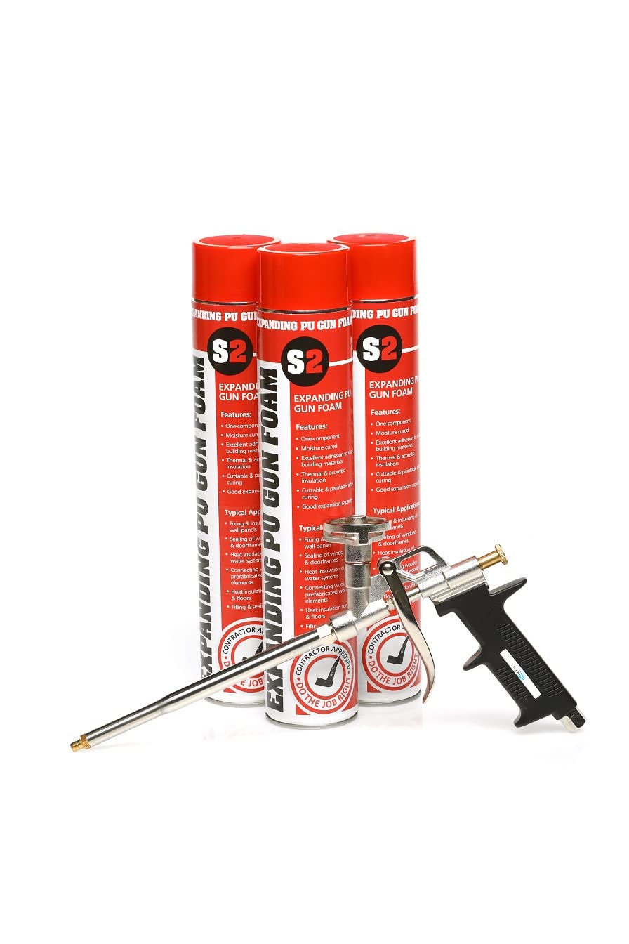 Stick2 One Component Polyurethane Expanding Gun Foam Expanding Foam Filler Exceptional Adhesion for Various Applications Gap Filler - Pack of 3 + 1 Professional Applicator Gun