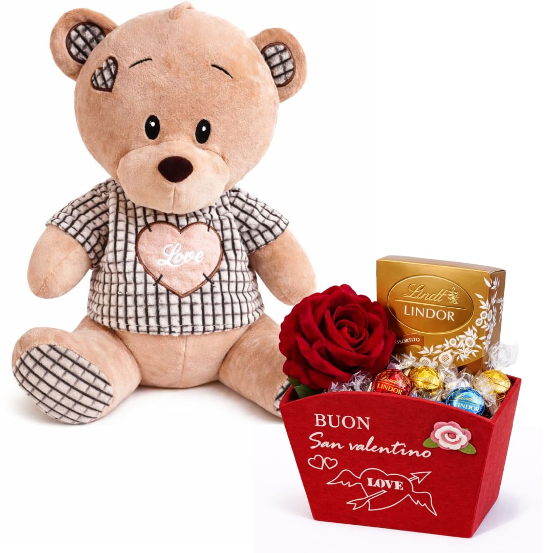 Orsetto Love 35 cm con Cestino in Feltro 14cm + 200G di Cioccolatini Assortiti + 1 Rosa Eterna - Regalo San Valentino - Regalo Fidanzata/Fidanzato (ORSETTO)