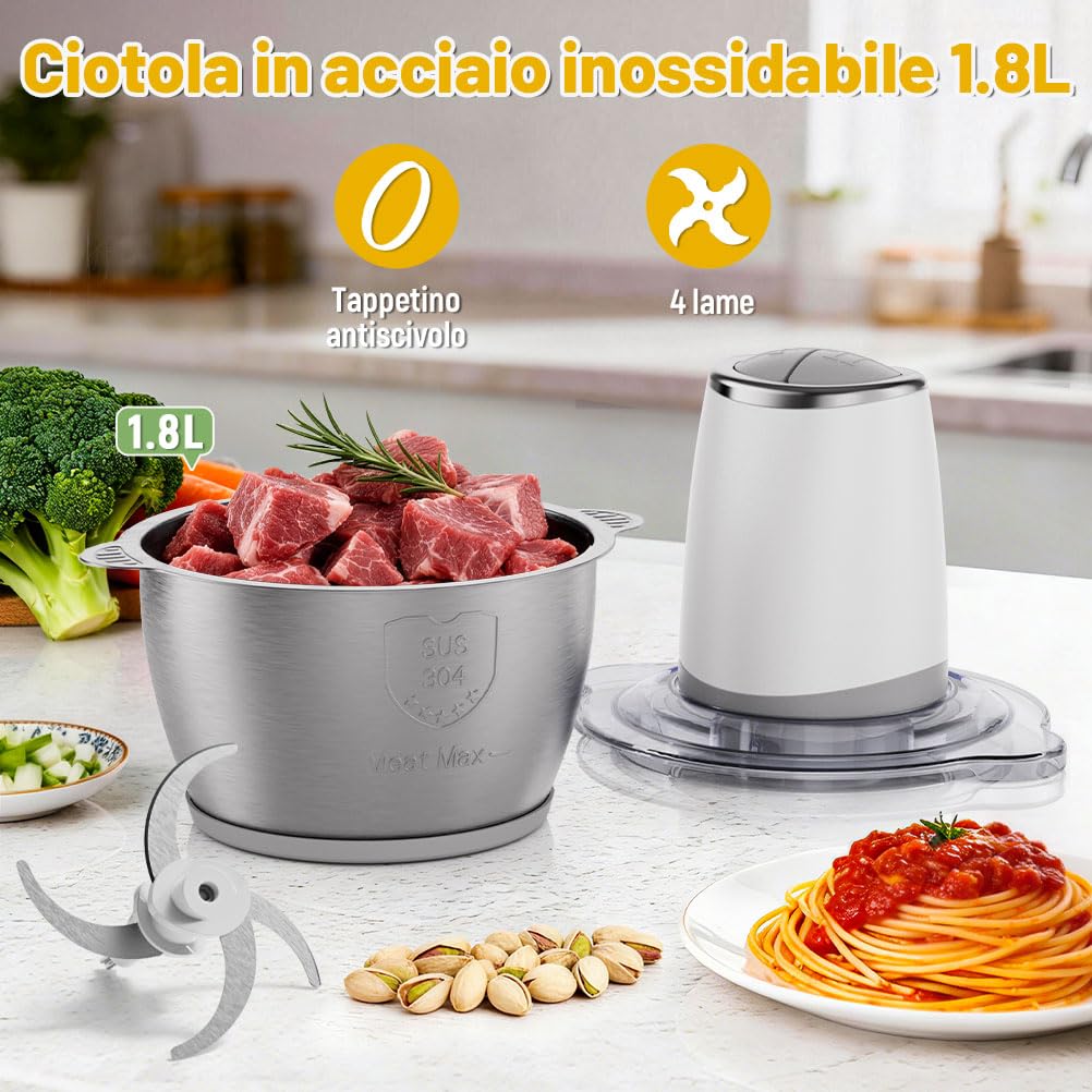 OUSFOT Tritatutto da Cucina Elettrico 1,8L Frullatore Tritatutto Multifunzione 500W, Tritatutto con Ciotola in Acciaio Inox per Verdure, Frutta, Carne, Cucina