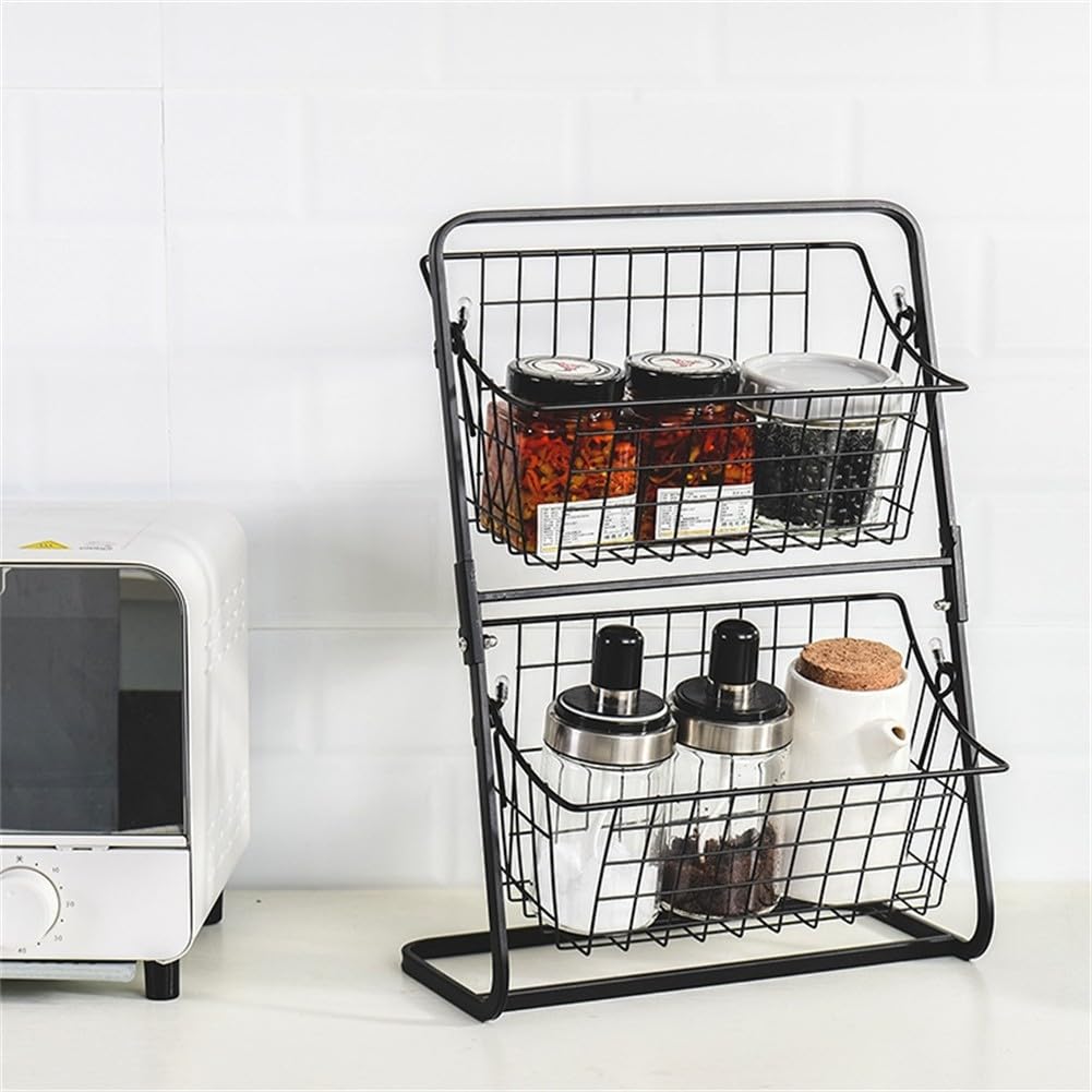Canasta de frutas y verduras de metal de 2 niveles, organizador de encimera de cocina con gran apertura para exhibición de aperitivos de despensa, blanco, 14.5 x 11 x 6 pulgadas