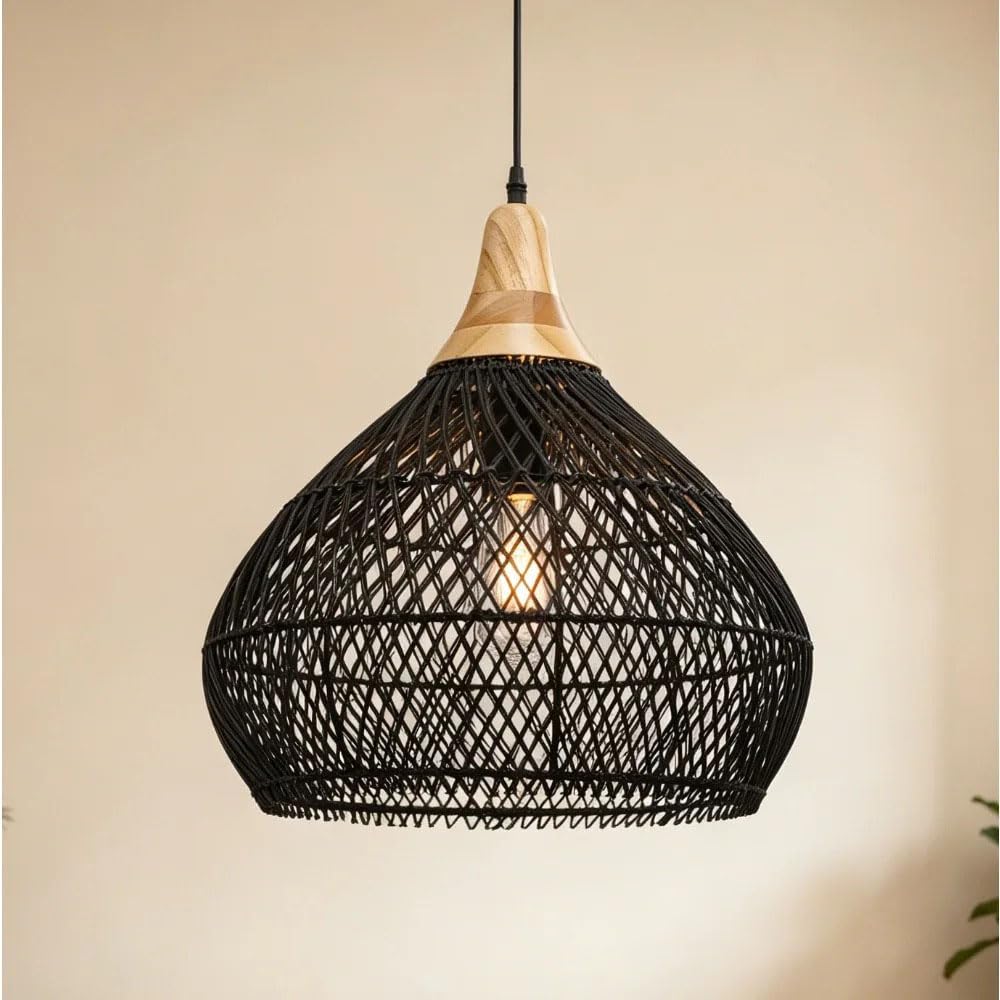 XQIDIANAA Wabi Sabi Rattan Pendant Light, Farmhouse Wicker Hanging Lamp, Black Bohemian Hanging Light for Kitchen Island, Dining Room, Bar, Foyer, Bedroom, Living Room