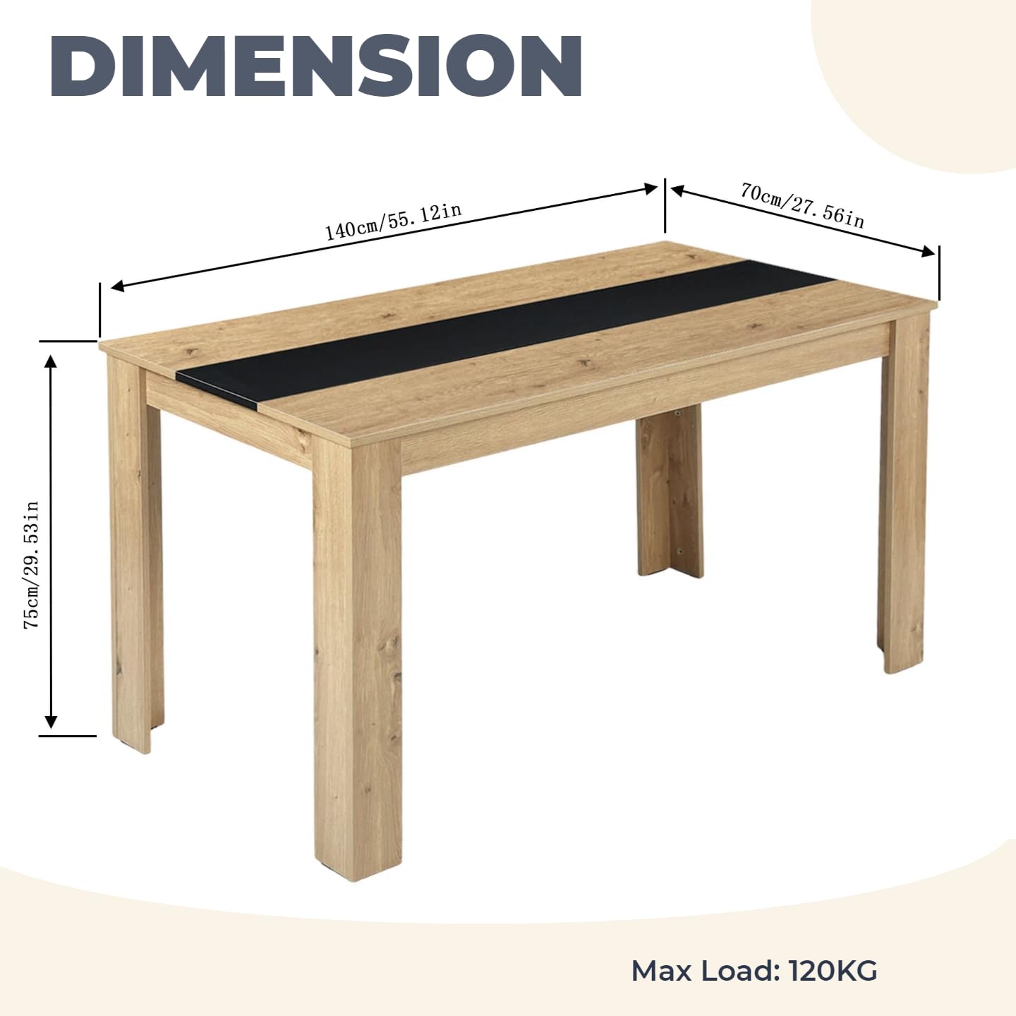Tavolo da pranzo in legno, 140 x 70 cm, tavolo da pranzo, rettangolare, per 4 persone, moderno, in legno, grande per sala da pranzo, soggiorno, colore rovere + nero