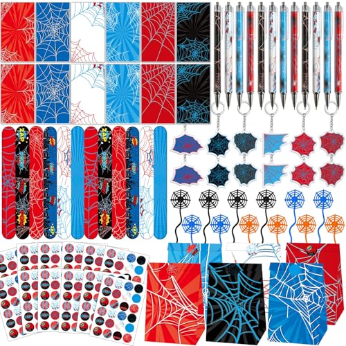 84pcs Spider Party Favors with Pens Notepads Paper Gift Bags Spider Web Key Chains Slap Bracelet Sticker Red Black Spider Themed Party Supplies for Birthday Game Activities Party Decorations