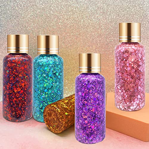 Body Face Glitter Gel Supgift 5 Colors 7.8Oz Holographic Chunky Laser Mermaid Liquid Glitter Sequins Glue For Makeup Eyeshadow Hair Nail Slime Craft Resin With Spoon #TOP2
