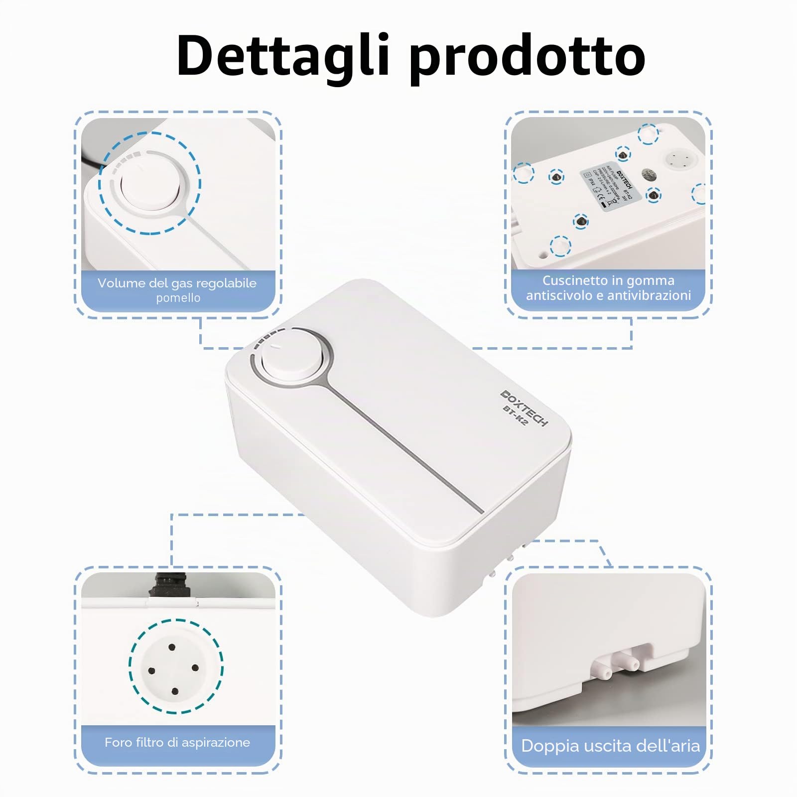 boxtech Pompa ad aria per acquario, 5 Watt, pompa per ossigeno regolabile, 2 prese d'aria. Pompa a membrana regolabile, pompa per pesci per acquari