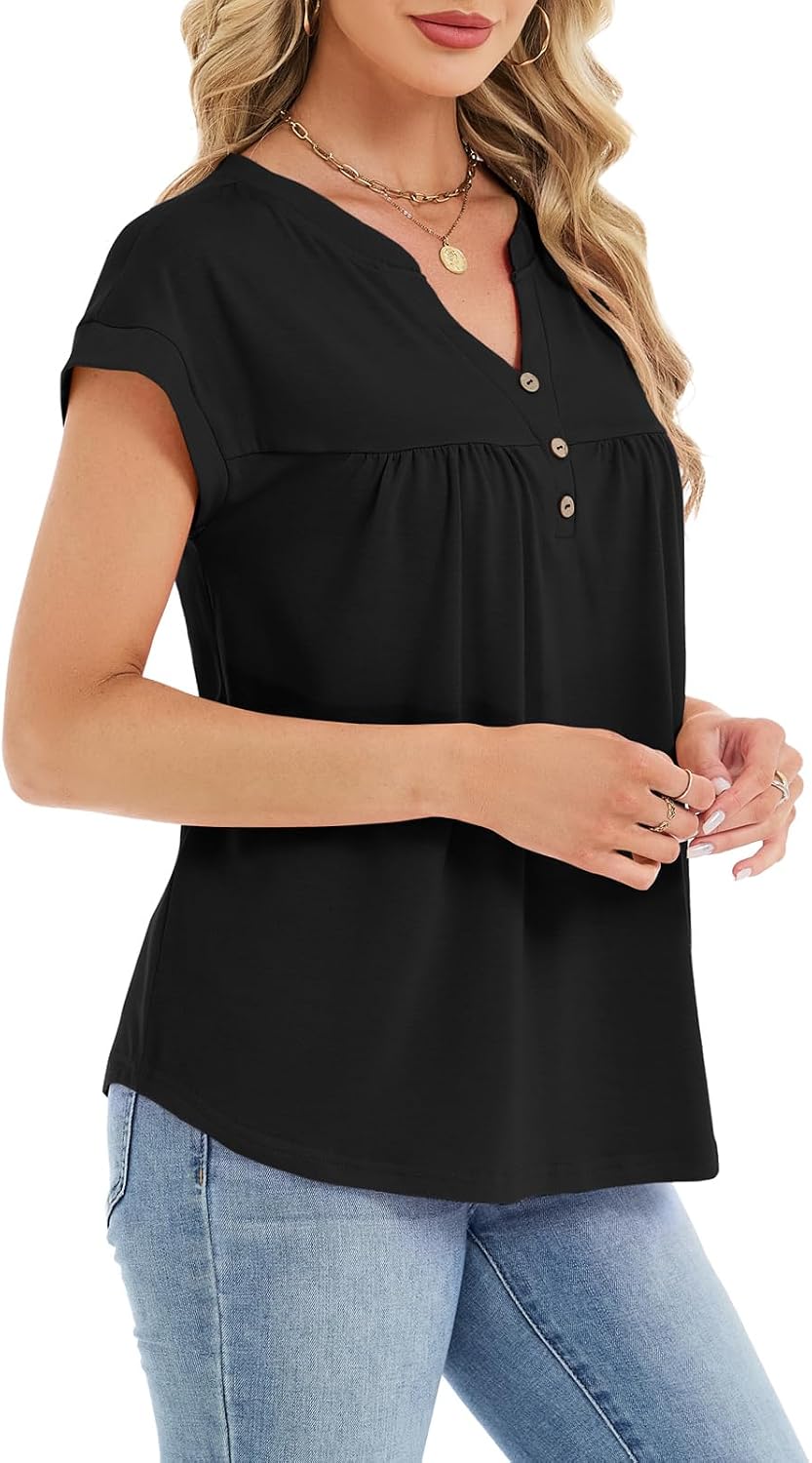 Womens T Shirts Short Sleeve Pleated Button Top Dressy Casual V Neck Summer Tunic Tops Loose Fit Blouses image 4