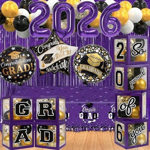 Image of 107 Pcs Black and Purple Graduation Decorations Class of 2025 - Graduation Balloon Boxes, Balloon Arch Garland Kit, Party Decorations 2025 for Any Grades