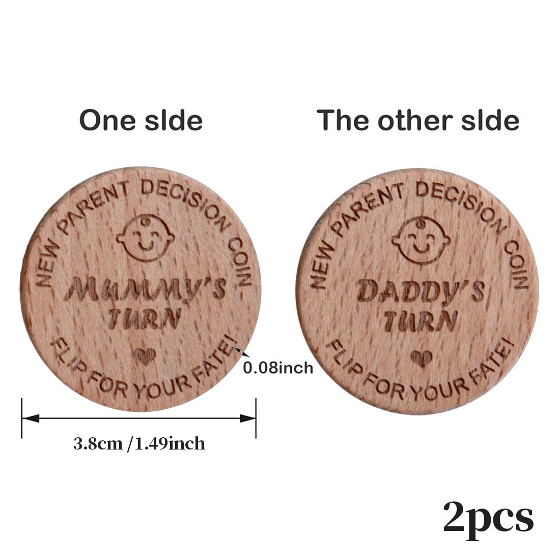 LEEQBCR 2 Pieces Newborn Baby Wooden Decision Coin, Baby Gift Decision Coin, Birth Gift, Gift Ideas for Mum-to-be, Christening Gift for Boys and Girls - Image 2