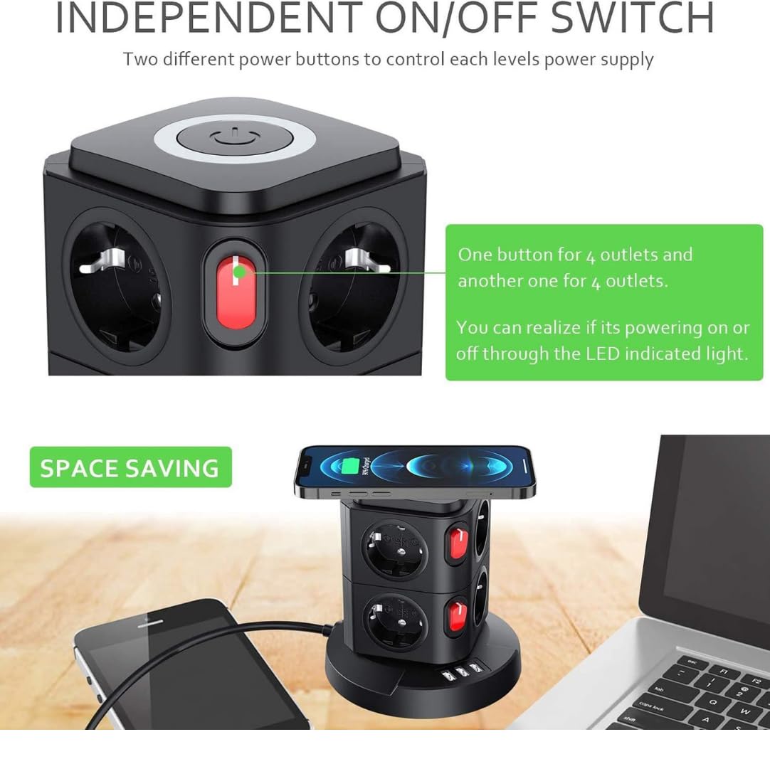 Vetech Akım Korumalı Priz Kule Tipi Kablosuz Şarj İstasyonu, 8 Priz, 2 TYPE-C, 1 USB Girişli, 2Mt Kablo