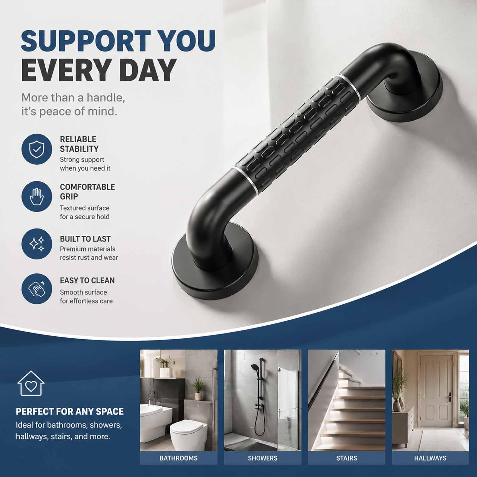 Barra De Apoyo para Ducha, Moderna Barra De Pared Mate con Agarre Antideslizante, Pasamanos De Acero Inoxidable para Hospitales Y Residencias De Ancianos.(Black,50cm)