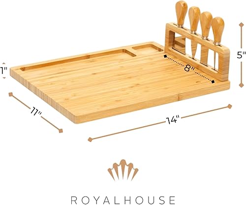 Miniatura 26 de RoyalHouse Tabla redonda de bambú para quesos y 4 cuchillos con cajón deslizante para cubiertos, juego de tablas de charcutería, regalos