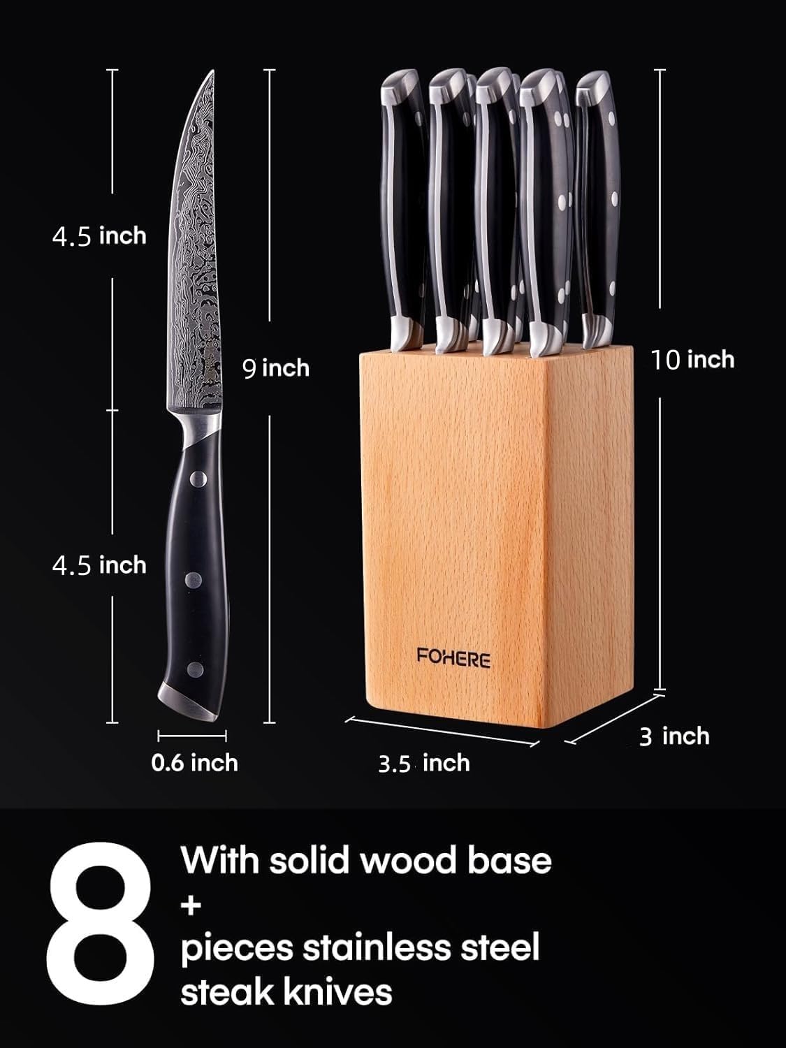 Coltelli da Bistecca con Ceppo Coltelli, FOHERE Set di 8 Coltelli da Bistecca in Acciaio Inox a Lama Dritta Extra Affilata, con Motivo Damasco, Codolo intero Design impugnatura ergonomica