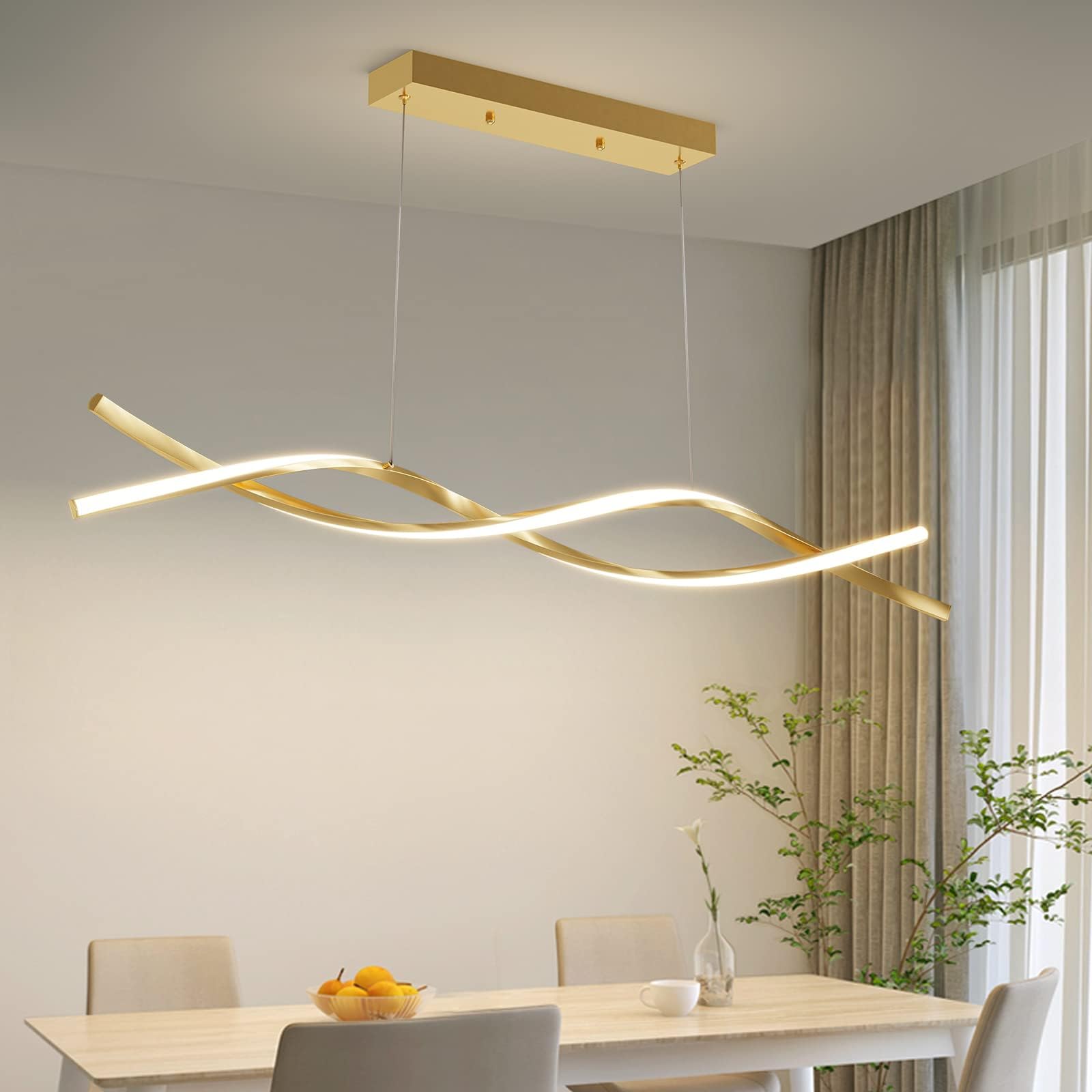 Mikeru 120cm Modern Wave Pendant Light, Gold Kitchen Island Lights Dimmable 10% to 100% Height Adjustable Chandelier 3000K/4500K/6000K 3 Color Change with Memory Function for Restaurant โ image 1