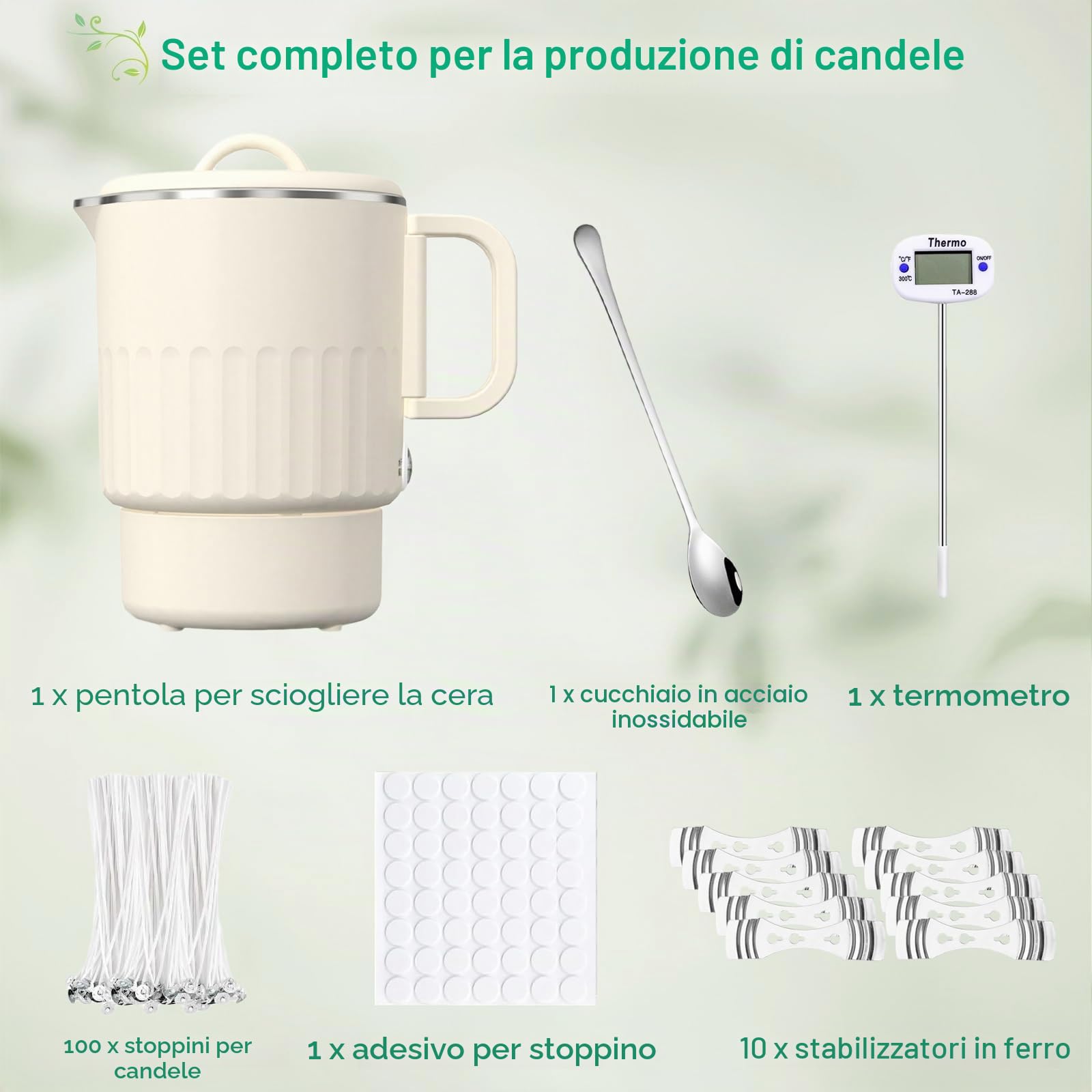 Roselee Sciogli Cera per Candele Elettrico Kit per Candele Fai da Te con Scalda Cera per Candele 1l/35oz,Termometro, 100 Stoppini, 100 Adesivi, 10 Porta Stoppini e Cucchiaio per Mescolare