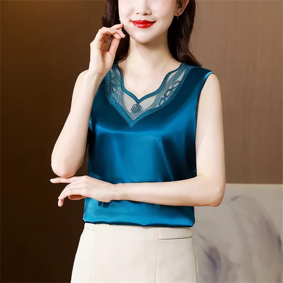 Camicette da donna in seta con pizzo floreale senza maniche allentate top casual