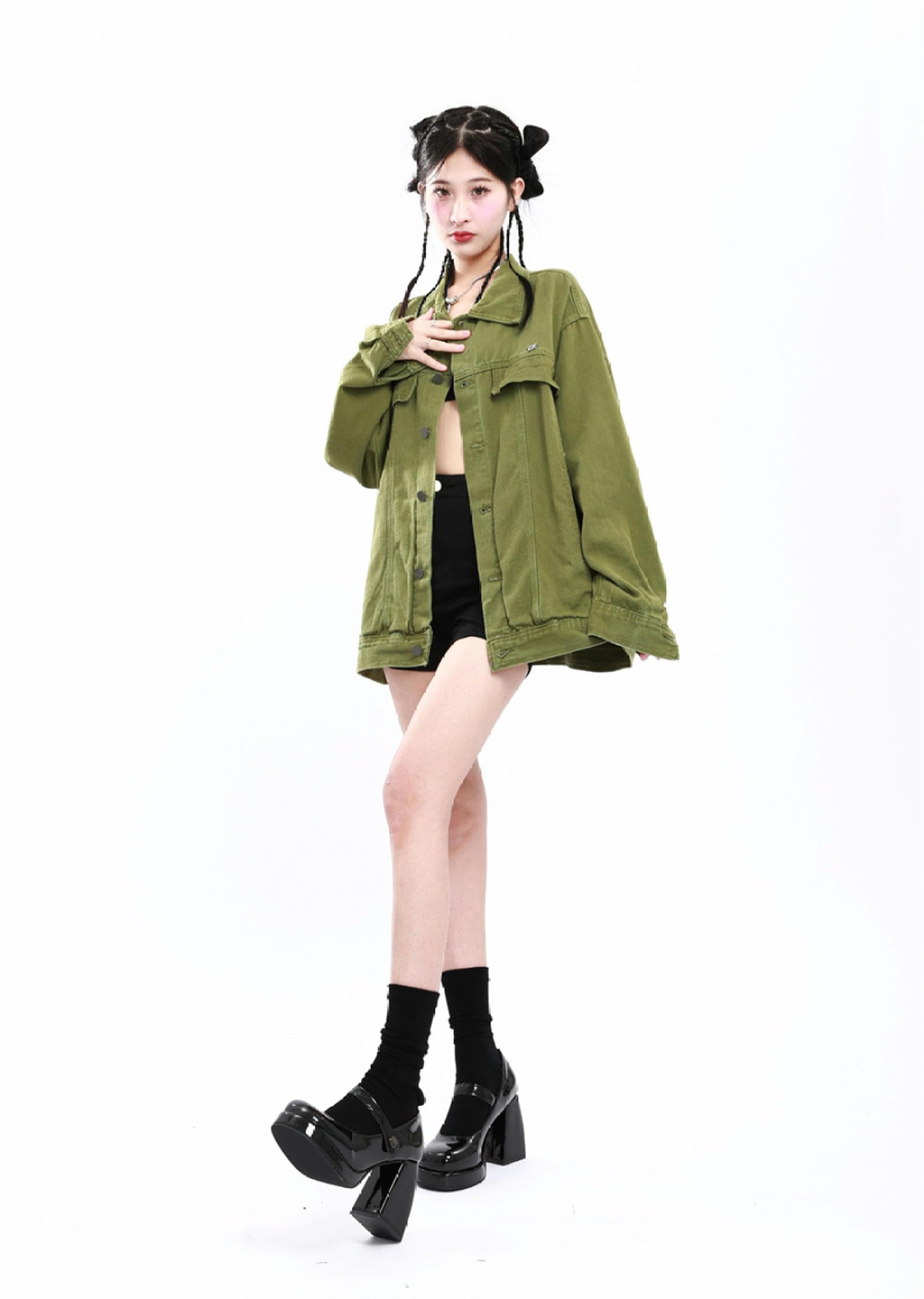 Y2K Chaqueta vaquera informal verde con cuello Polo y solapa vintage