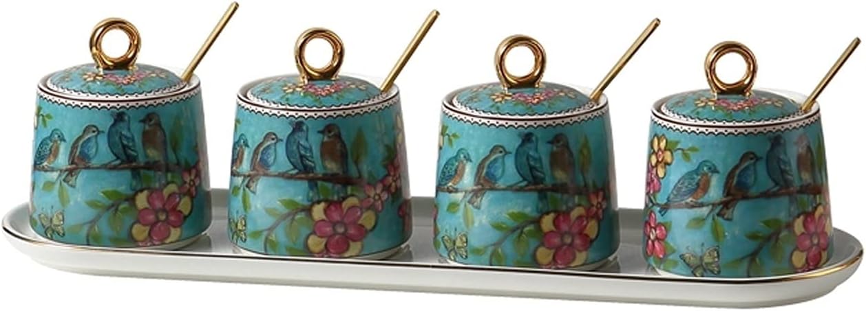 Spice Jar Set Ceramic Condiment Container Seasoning Box Set Seasoning Jar Spice Jar with Spoon Lid to Store Sugar Salt Spices Seasoning (6.8 Ounces) Seasoning Pot (Color, Green