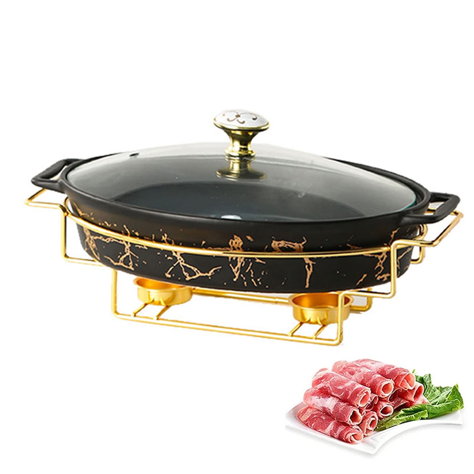 Set da Buffet con scaldavivande in Ceramica, Finitura in Marmo Finto, con Coperchio in Vetro e Porta-combustibile per Buffet/Banchetti (Nero L) (Nero L)